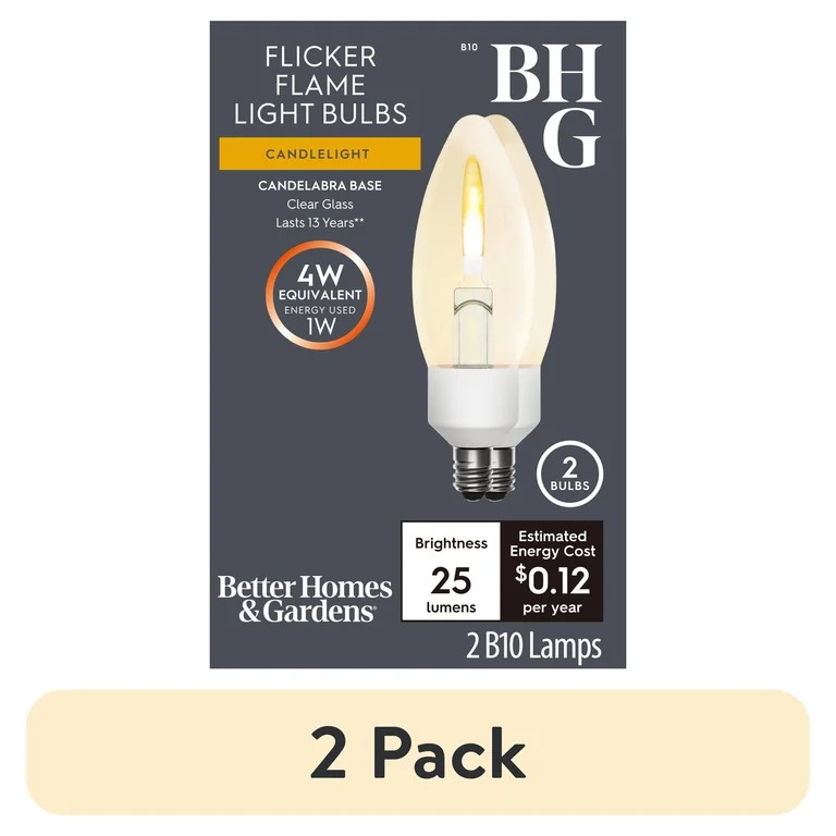 (2 pack) Better Homes & Gardens B10 Decorative LED Flicker Flame Light Bulb, E12 Candelabra Base ... | Walmart (US)