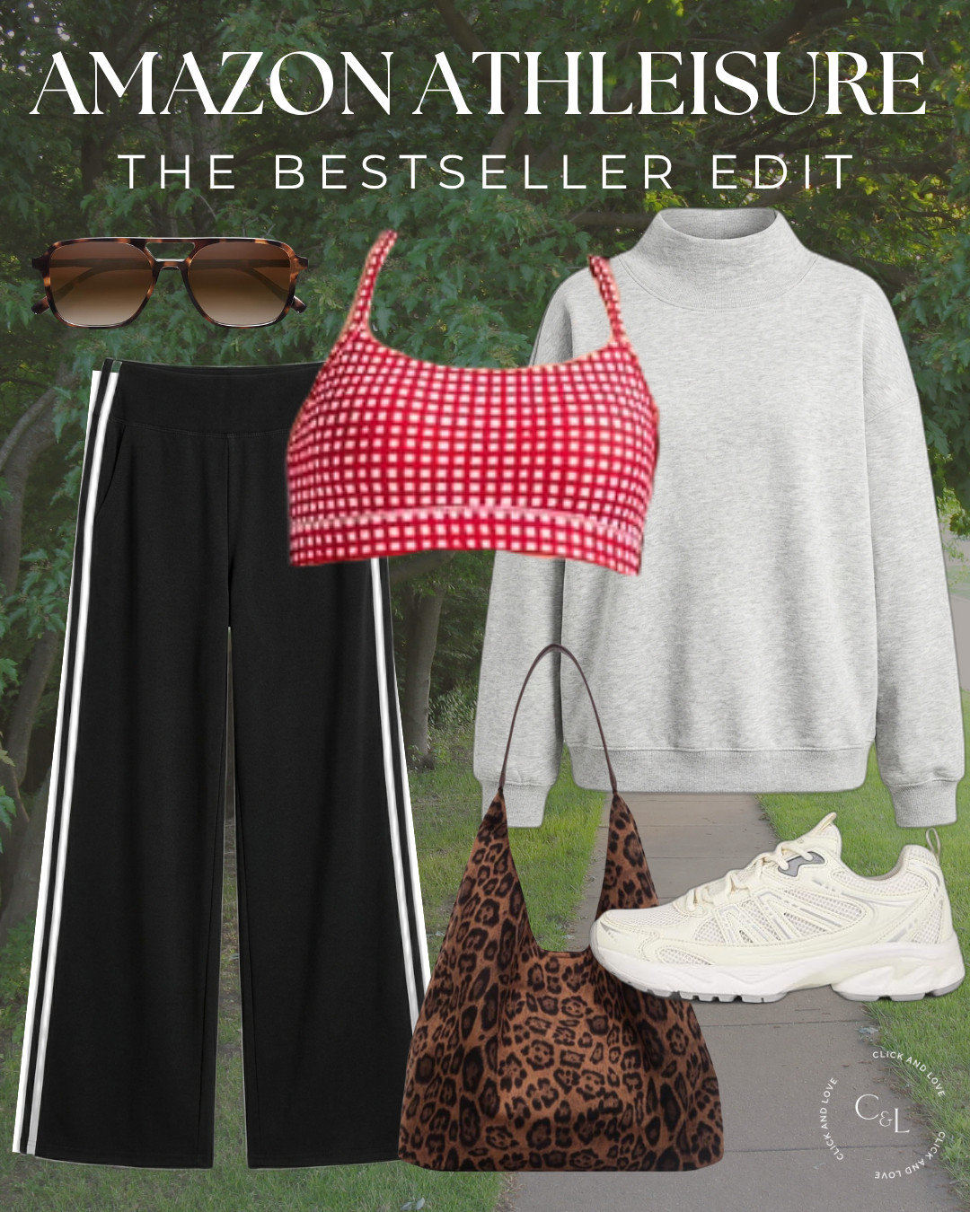 Striped track pants and a gingham sports bra layered with a cozy mock neck sweatshirt. The leopard tote and chunky white sneakers pull it all together. Sporty and cute for the weekend! 

 #athleisure #amazonfashion #amazonfinds #trackpants #stripedpants #sportsbra #gingham #mockneck #sweatshirt #leopardtote #chunkysneakers #whitesneakers #falloutfit #weekendoutfit #comfyoutfit #founditonamazon #LTKActive