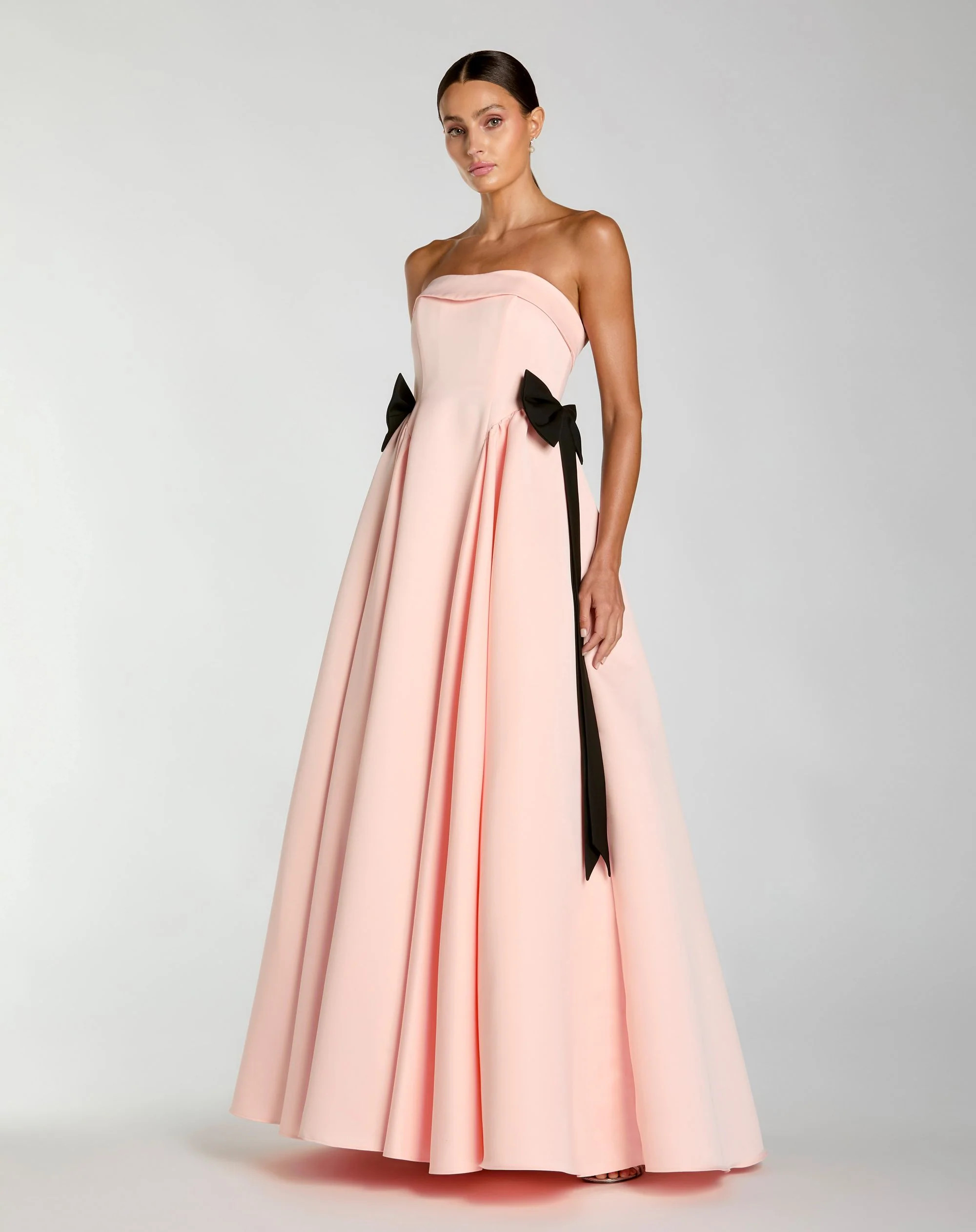 Pink Satin Strapless Ball Gown With Bow Details | Mac Duggal | Mac Duggal