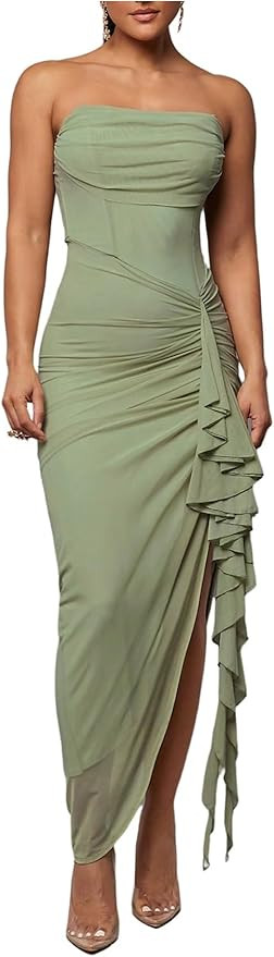 Floerns Women's Ruffle Trim Ruched Slit Strapless Dress Sleeveless Bodycon Maxi Dresses | Amazon (US)