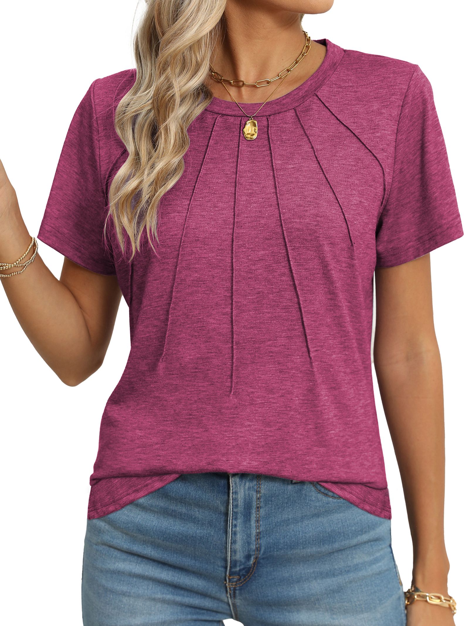 Rosvigor Blouses for Women Short Sleeve Shirts Casual Dressy Summer Tops with Pleats | Walmart (US)