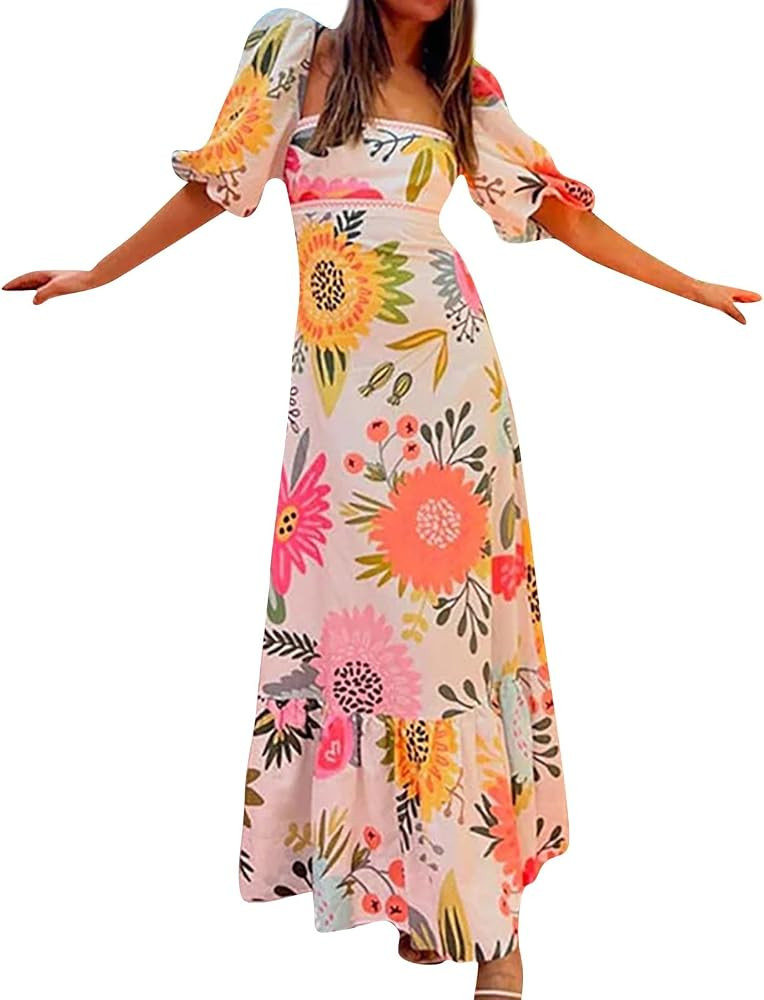 Women's Boho Tie Shoulder Dress Y2k Floral Long Flowy Maxi Dresses Cute Summer Smocked Picnic Bea... | Amazon (US)