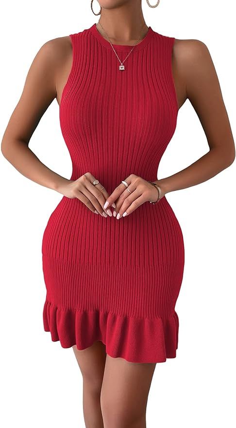 MakeMeChic Women's Sleeveless Ruffle Hem Ribbed Knit Mini Bodycon Sweater Dress | Amazon (US)