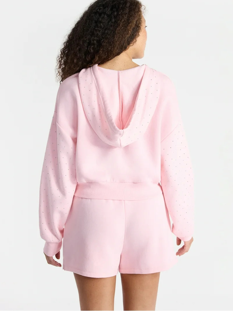 No Boundaries Faux Rhinestone Cropped Hoodie and Shorts Set, 2-Piece, Women’s | Walmart (US)