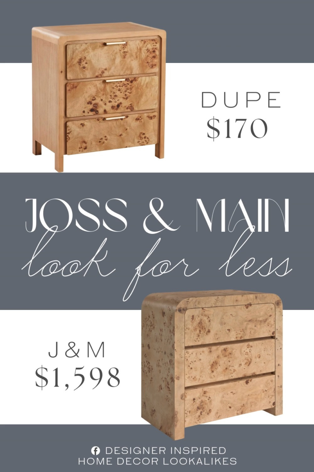 Inspired by Joss & Main 3-Drawer Dresser. 3-Drawer Bedroom Dresser. Wood Accent Chest. Burl Wood Furniture. Bedroom Storage Solutions. Small Storage Cabinet. Natural Wood Nightstand. Modern Farmhouse Cabinet. Affordable Furniture Find.  

Home more affordable option find copy cat similar look for less budget friendly affordable cheap cheaper beautiful pretty. Clearance sale coupon code discount code promo code luxury lookalike look a like Inspo inspiration inspired by idea ideas Love like these? I share multiple every day in my FB group.
#jossandmaininspired #woodnightstand #bedroomstorage #bedroomdresser #burlwood #wooddresser #storagecabinet #bedroominspo #furniturefinds 

 #LTKHome