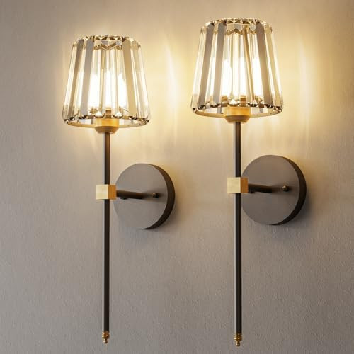 Crystal Battery Operated Wall Sconces Set of 2, Black and Gold Rechargeable Wireless Wall Lights ... | Amazon (US)