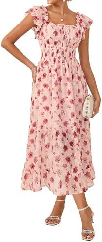 GRACE KARIN 2026 Women's Spring Floral Midi Dress Square Neck Beach Wedding Guest Dresses Flowy A... | Amazon (US)