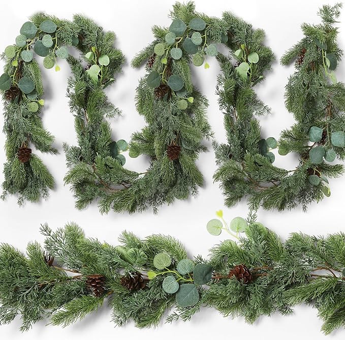 XunYee 9 Feet Christmas Cedar Garland, Realistic Pine Needles Garland with Cones and Eucalyptus L... | Amazon (US)