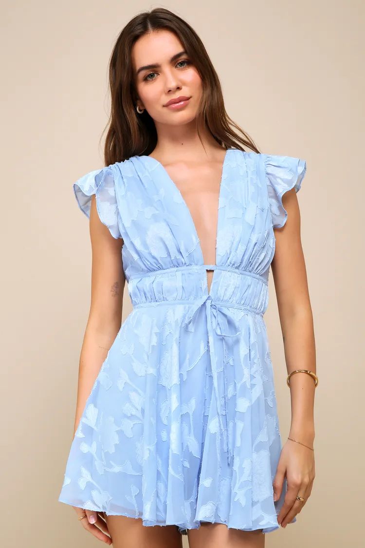 All About The Flowers Light Blue Burnout Floral Ruffled Romper | Lulus