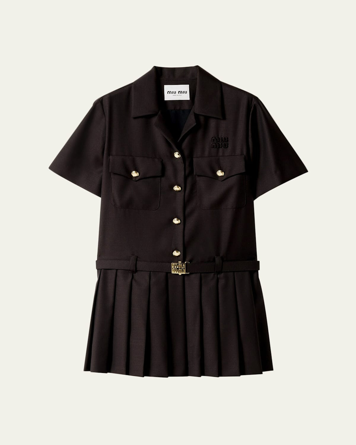 Short-Sleeve Pleated Mini Shirtdress With Belt | Bergdorf Goodman