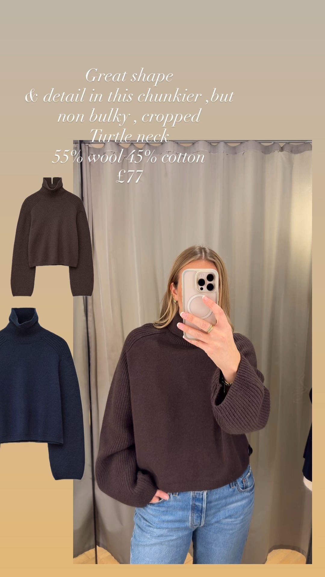 Great natural fibre turtle neck knit 
Silhouette is shorter - easier to style with wide leg /barrel shapes and skirts etc 
Lovely detailing and a good price. 
Wearing a large in the knit 
31/30 in the jeans 

#LTKworkwear #LTKgiftguide #LTKwinter