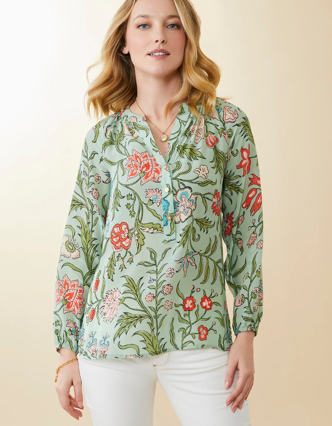 Cora Silk Blouse Hamilton Floral Block | Spartina 449