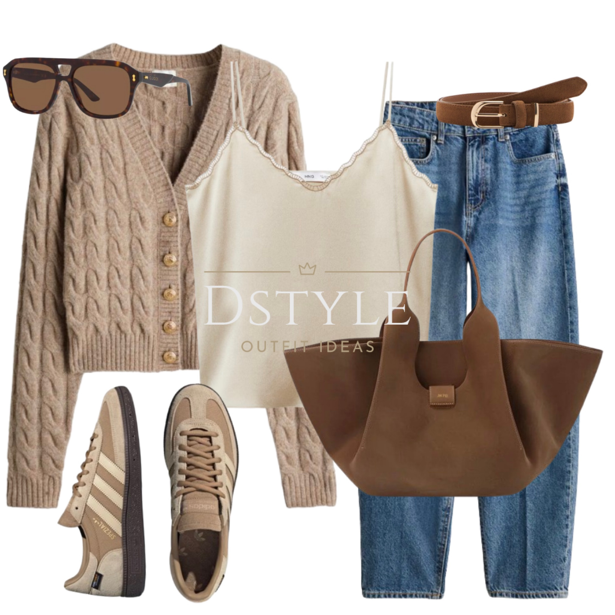 Beige marl cable knit cardigan, satin lace top, tapered jeans, brown faux suede tote bag, brown belt, matching Adidas Spezial sneakers/trainers, fall outfit, autumn outfit, neutral style

#LTKWorkwear #LTKShoeCrush #LTKStyleTip