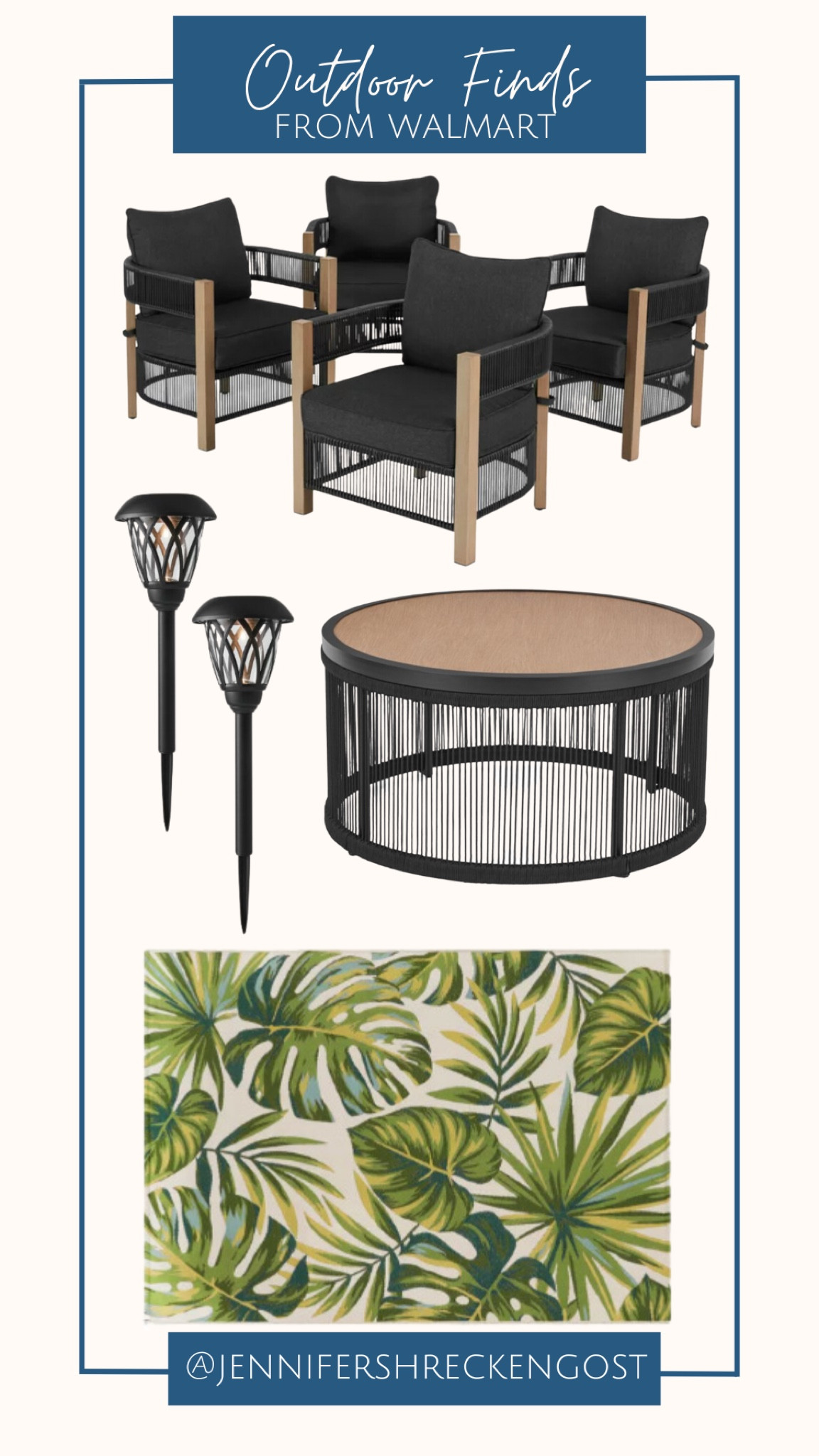 Some of the top selling Walmart outdoor items! Items include a black and brown outdoor furniture set, outdoor lighting and a palm leaf outdoor rug  

#LTKSeasonal #LTKhome #LTKFind