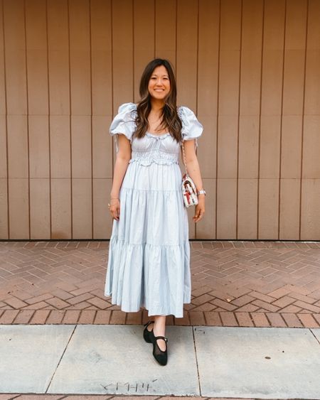 baby blue puff sleeve dress perfecf for spring and summer weddings. Paired using the wrong shoe trend w mesh ballets flats to make it a bit more casual for all day. 

#LTKSeasonal #LTKwedding #LTKstyletip