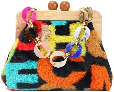 Oweisong Novelty Corduroy Tote Handbag for Women Wooden Kiss Lock Faux Fur Crossbody Bag Plush Sh... | Amazon (US)