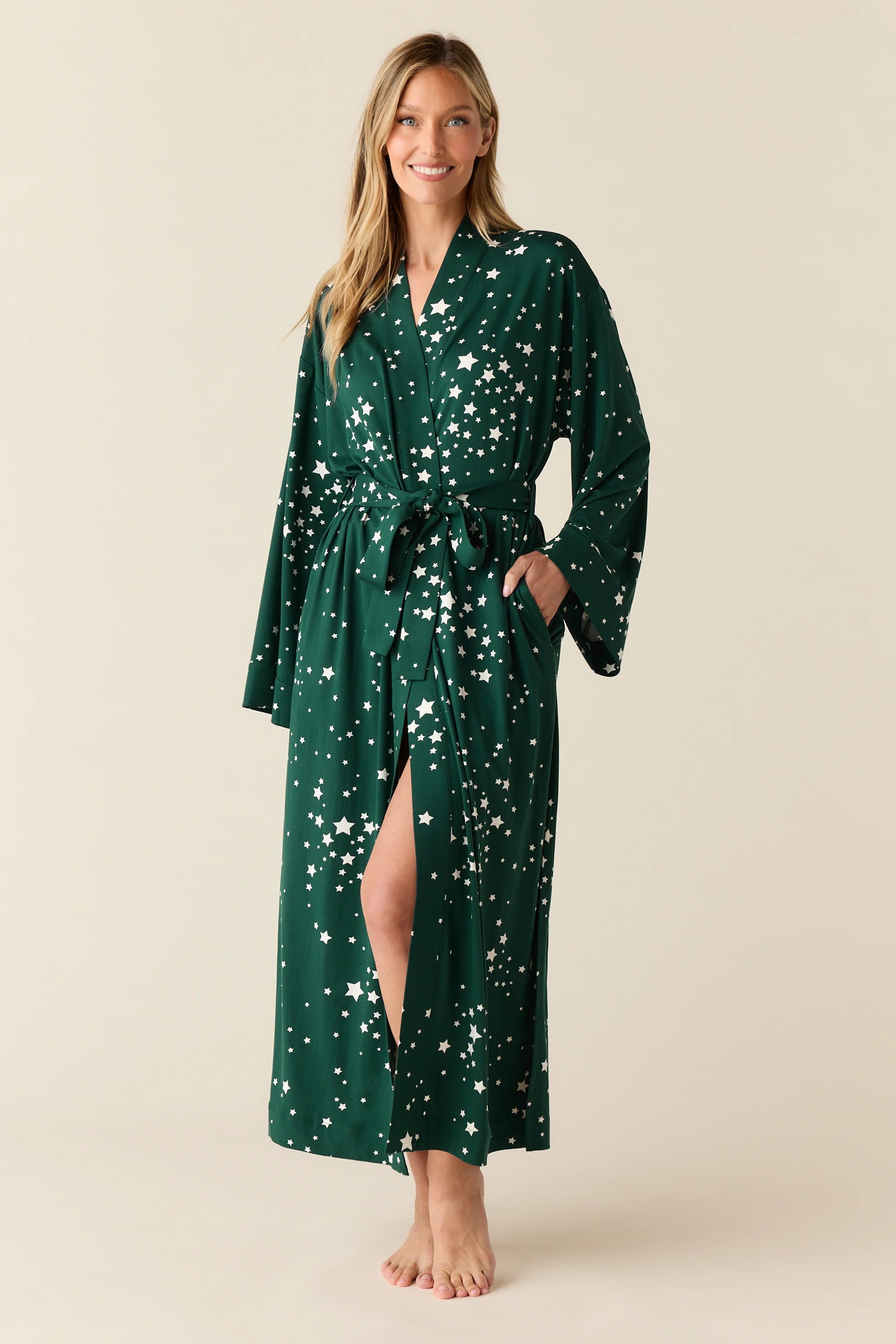Kaia Cloud Jersey Kimono Robe in Green Stars | MASONgrey