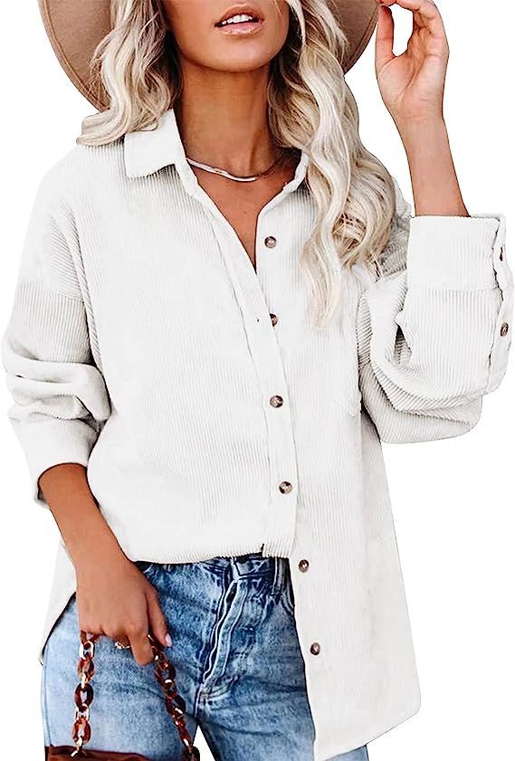 ZOLUCKY Womens Button Down Shirts Casual Long Sleeve Jacket Shacket Boyfriend Blouses Tops | Amazon (US)