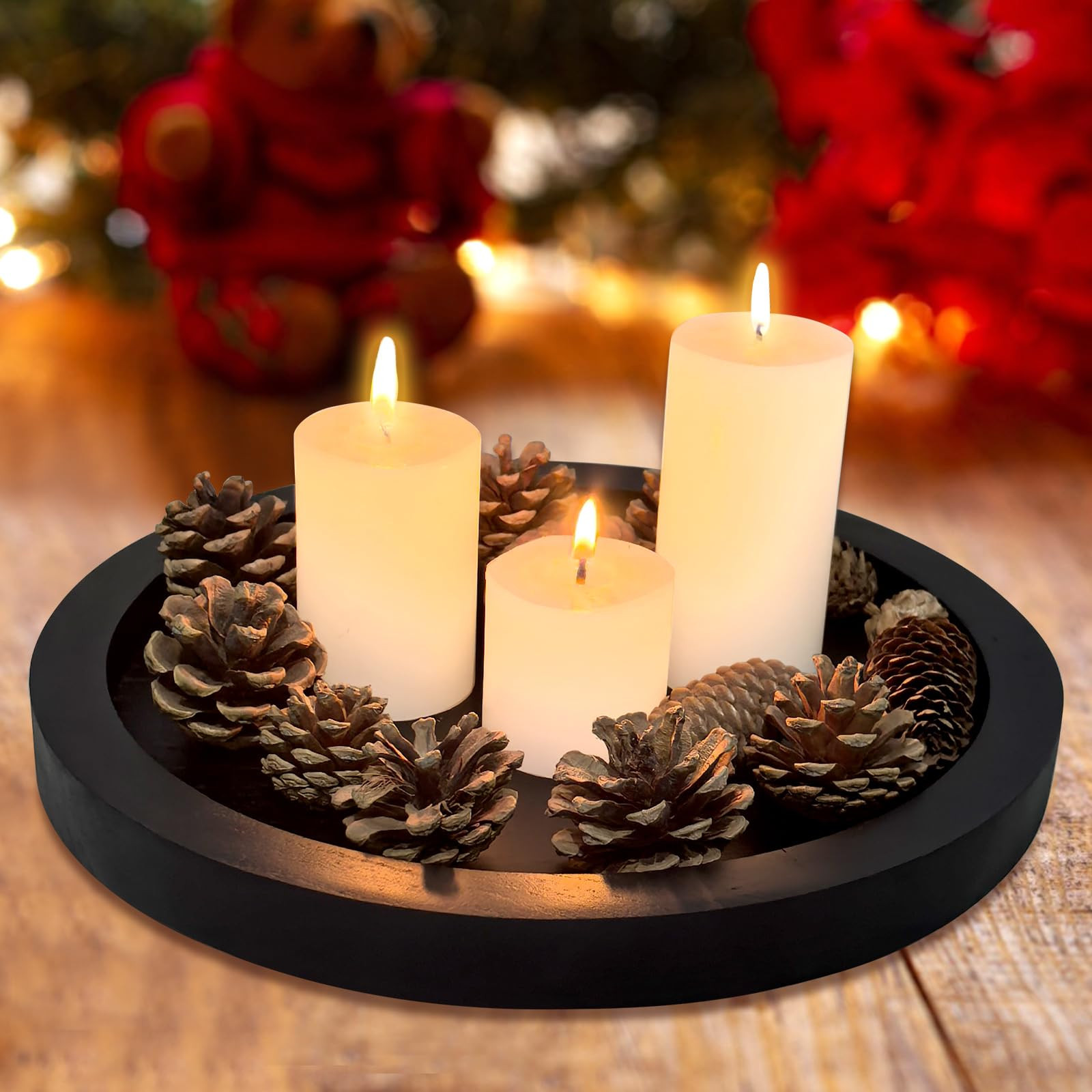 Round Decorative Tray for Coffee Dining Table Countertop Small Wooden Serving Trays Farmhouse Kitchen Home Living Room Decor and Bathroom Accessories Tray Black Rustic Wood Candle Centerpiece Trays | Amazon (US)