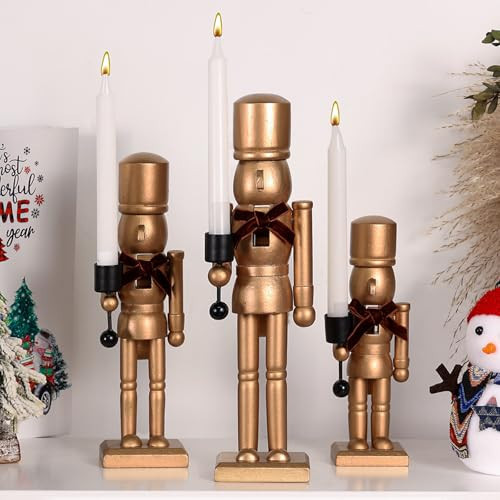 3 Pcs Nutcracker Christmas Decor Candle Holders 12'' 10'' 8'' Gold Wooden Nutcracker Figures with Candlestick and Velvet Bows Nutcracker Soldier Christmas Ornaments for Xmas Party Table Centerpeice | Amazon (US)
