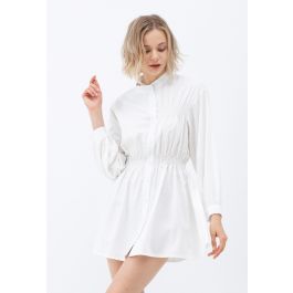 Asymmetric Shirred Button Down Shirt Dress in White | Chicwish