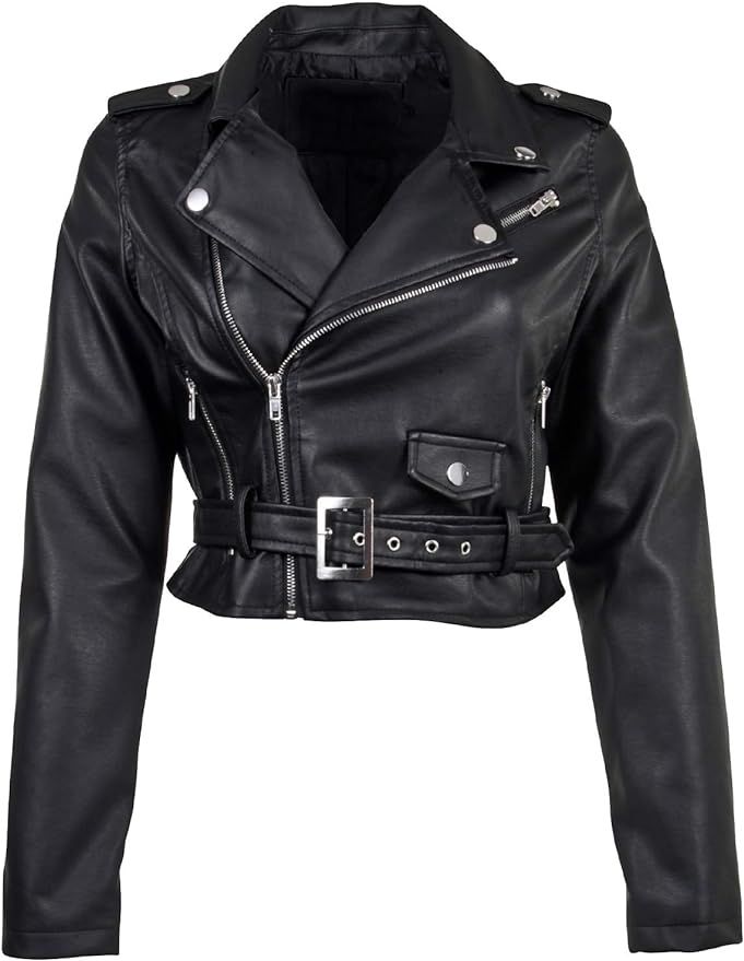 Women's Juniors Fashionable Cropped Faux Leather Moto Biker Jacket | Amazon (US)