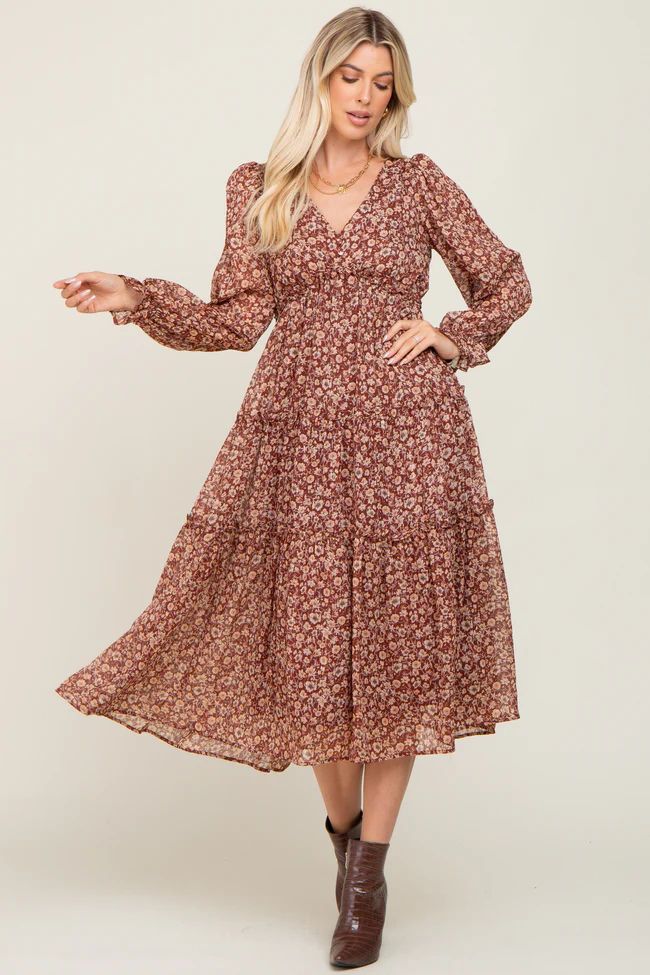Brown Floral Ruffle Tiered Midi Dress | PinkBlush Maternity