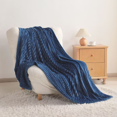 Plush Flannel Blanket, Soft and Warm Bed Blanket with Striped Texture, 50x60 Inches, Navy Blue - NTBAY | Target
