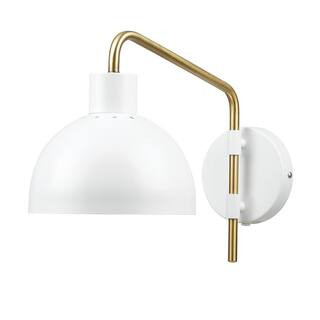Globe Electric Dimitri 1-Light Matte White Plug-In or Hardwire Wall Sconce with Antique Brass Acc... | The Home Depot