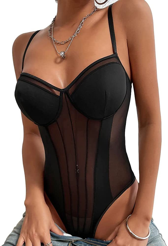 mixcb Women's Sheer Mesh Sleeveless V-Neck Lace See Through Cami Bodysuit Tops Going Out Tops | Amazon (US)