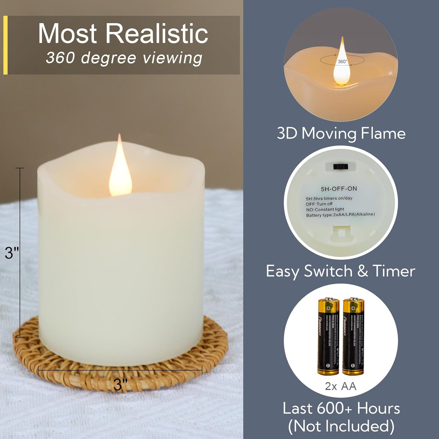 TECHLONG Flameless Candles Battery Operated with Remote Timer, 3D Moving Flame Flickering, Last 6... | Amazon (US)