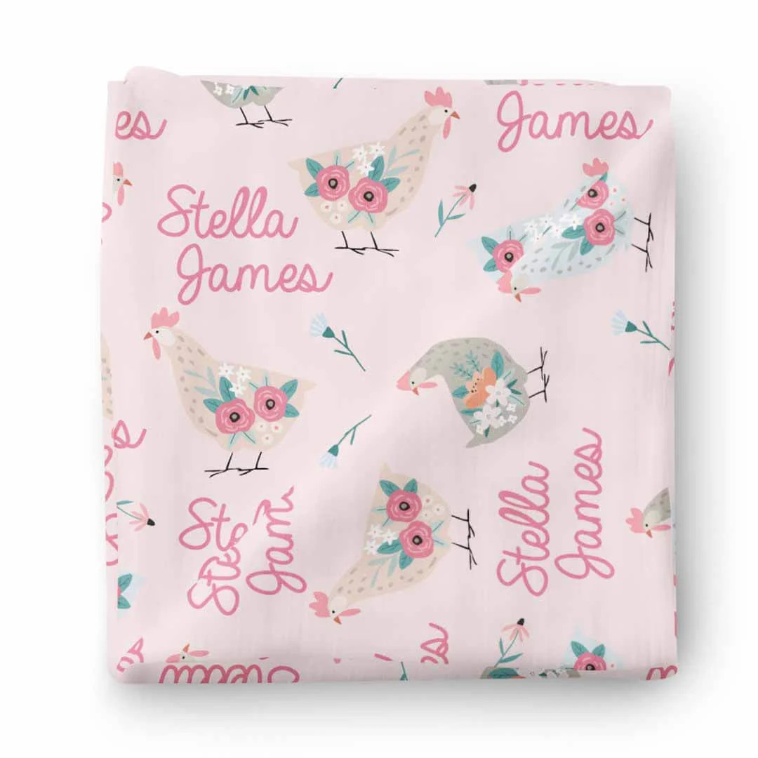 Pink Chicken Personalized Baby Name Swaddle Blanket | Caden Lane