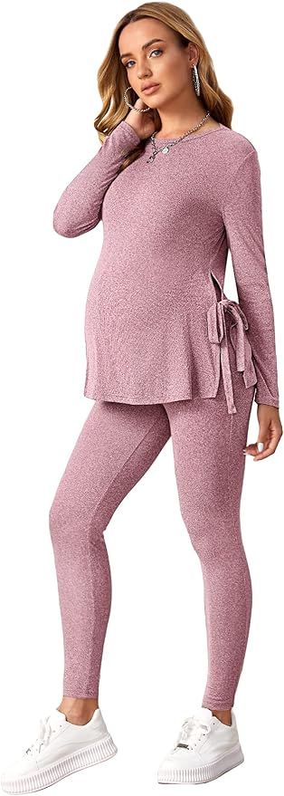 OYOANGLE Women's Maternity Rib Knit Round Neck Knot Side Tee Tops and Leggings Pants Sets | Amazon (US)