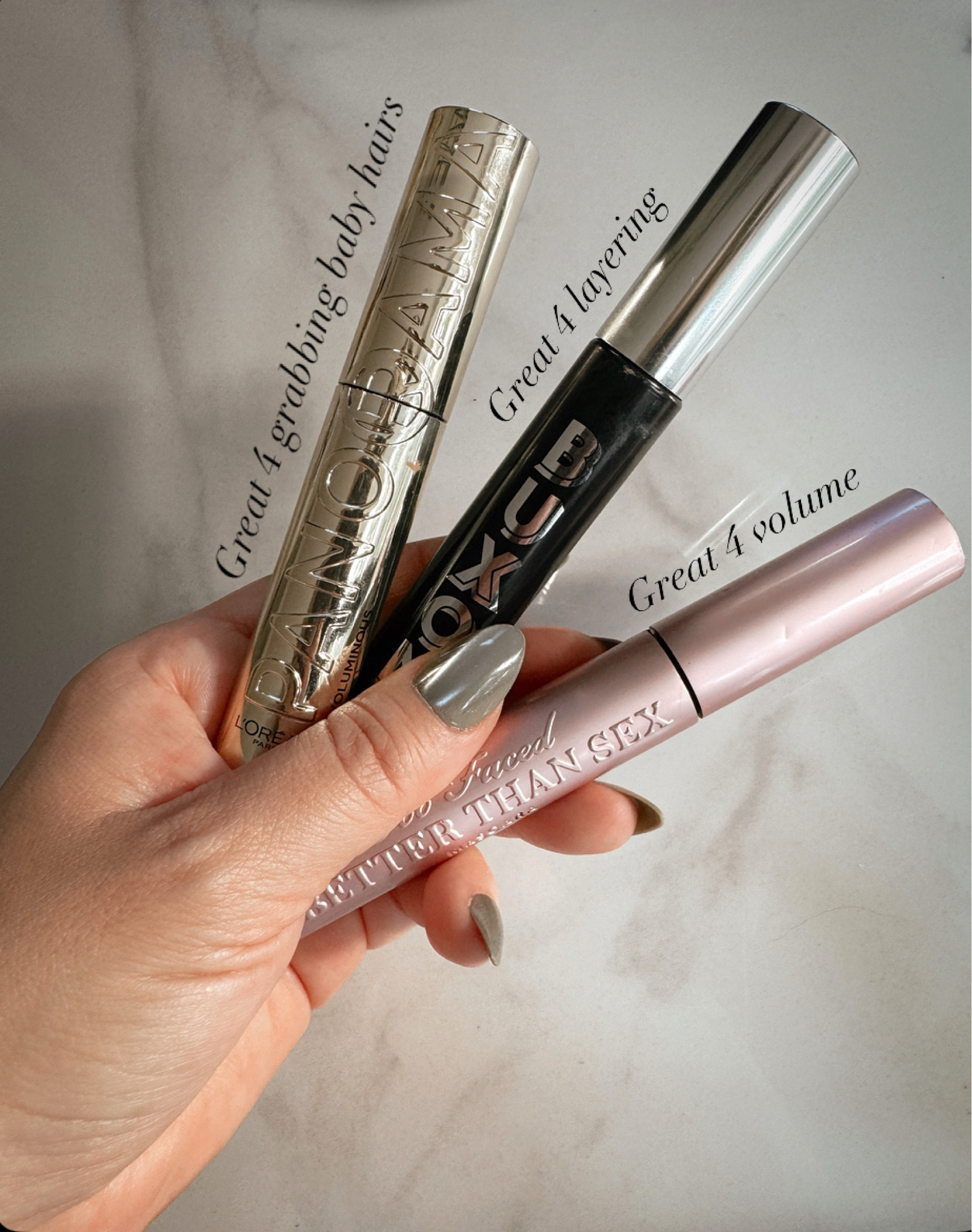 My 3 favorite mascaras currently:
L’orel Panorama - amazing for grabbing all the smaller lashes

Buxom - OG been using for the past 7 years and love that it isn’t clumping and can be layered 

Too Faced Better Than Sex - this is another OG I love using for volume. I use this on my bottom lashes because it grabs them and fills them nicely. 

#pressonnails 

#LTKFindsUnder50 #LTKStyleTip #LTKBeauty