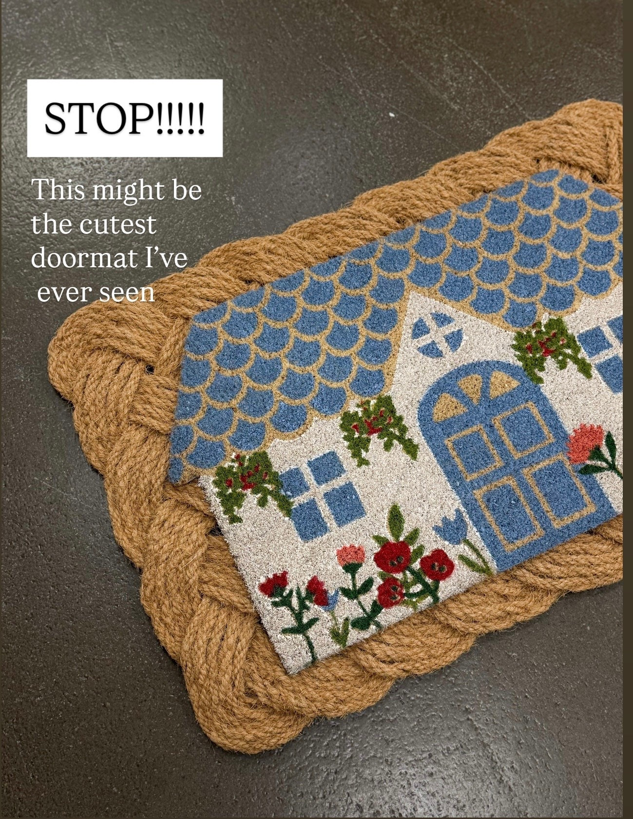 This might be the cutest doormat I’ve ever seen layer with a plaid rug or that’s braided one the two together are a bit . It thick if you have a step this may work better. ￼