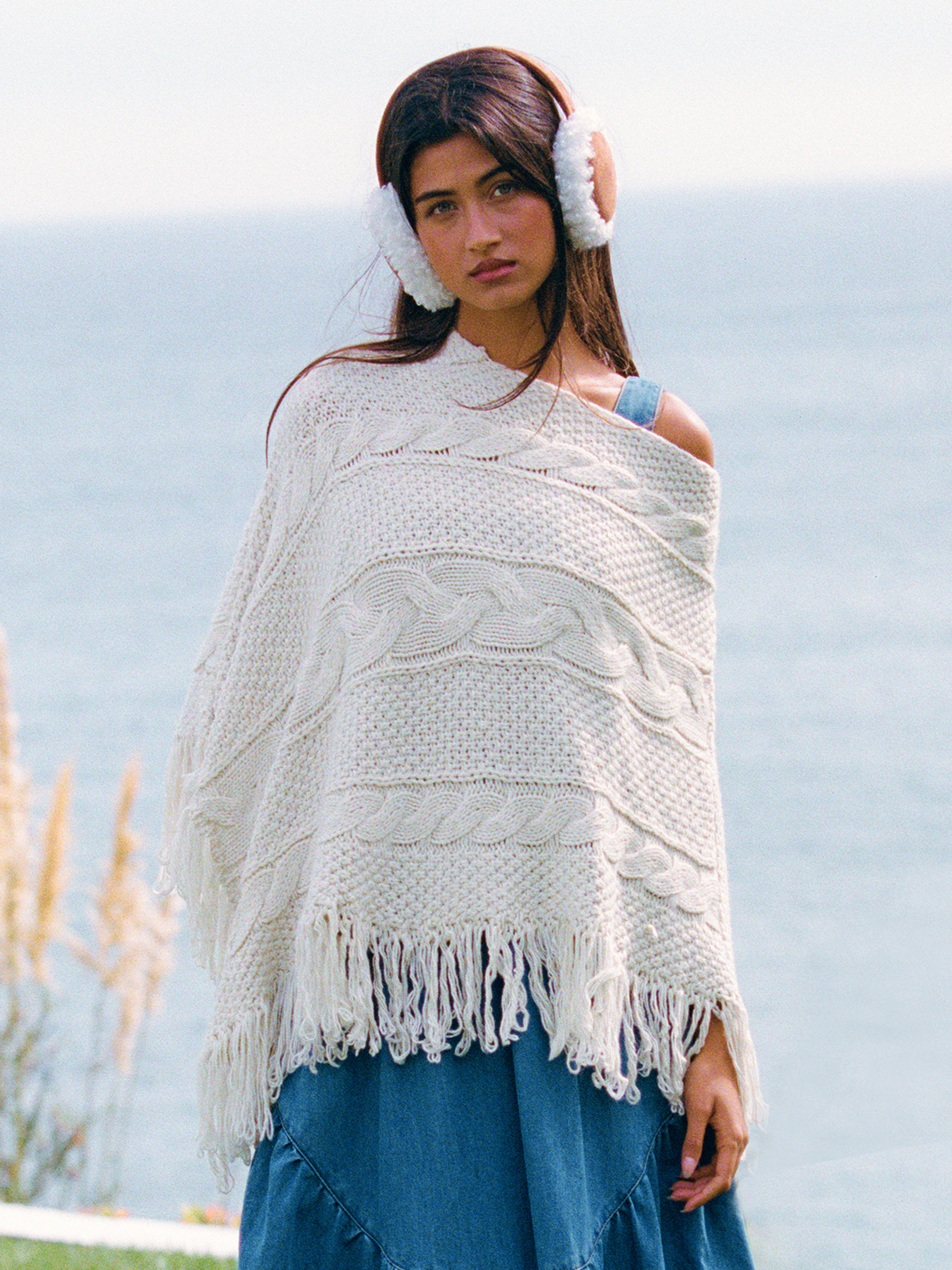 Knit Fabric Cable Knit Boat Neck Cloak Sleeve Tassel Oversized Cardigan For Daily Casual | Cider