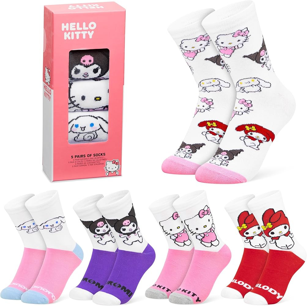 Hello Kitty Women Socks Pack of 5 Calf Length Character Socks Novelty Anime Kawaii Sock Set Kurom... | Amazon (US)