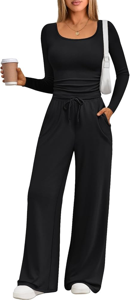 Trendy Queen 2 Piece Scoop Neck Lounge Set Womens Wide Leg Pants Side Ruching Slightly Crop Top S... | Amazon (US)