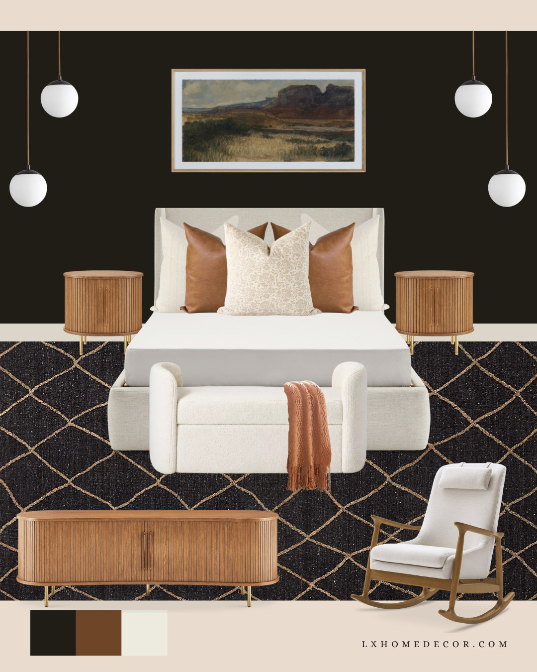 Dark & Dramatic Bedroom Vibe! 🖤✨
This Dark & Dramatic Bedroom is pure luxury and coziness! I'm obsessed with the deep black walls and the high-contrast textures—like the tan leather pillows and the woven, fluted wood nightstands. That white boucle rocking chair and bold rug make it feel incredibly chic and inviting. Shop every piece for your moody retreat! 👇

#LTKBedroom, DarkBedroom, MoodyDecor, black walls, leather pillows, wood nightstand, boucle chair, dramatic decor, cozy bedroom 

 #LTKCyberWeek #LTKHoliday #LTKHome