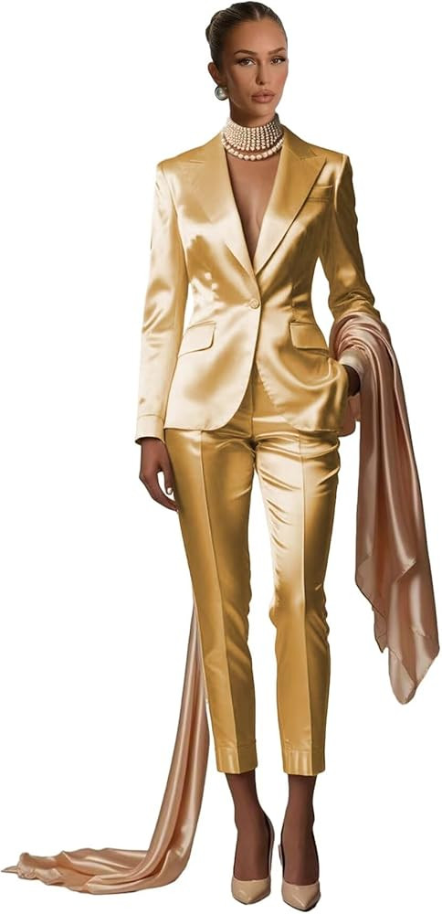 Satin Suits for Women Dressy 2 Piece Womens Suit Business Elegant Peak Lapel Tuxedo for Wedding G... | Amazon (US)