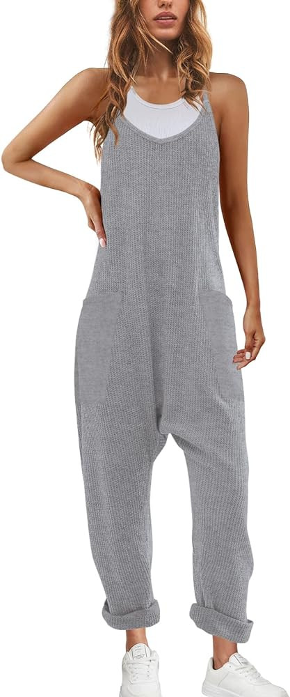 Nirovien Womens Waffle Knit Jumpsuits Oversized One Piece Romper Sleeveless Onesie with Pockets F... | Amazon (US)