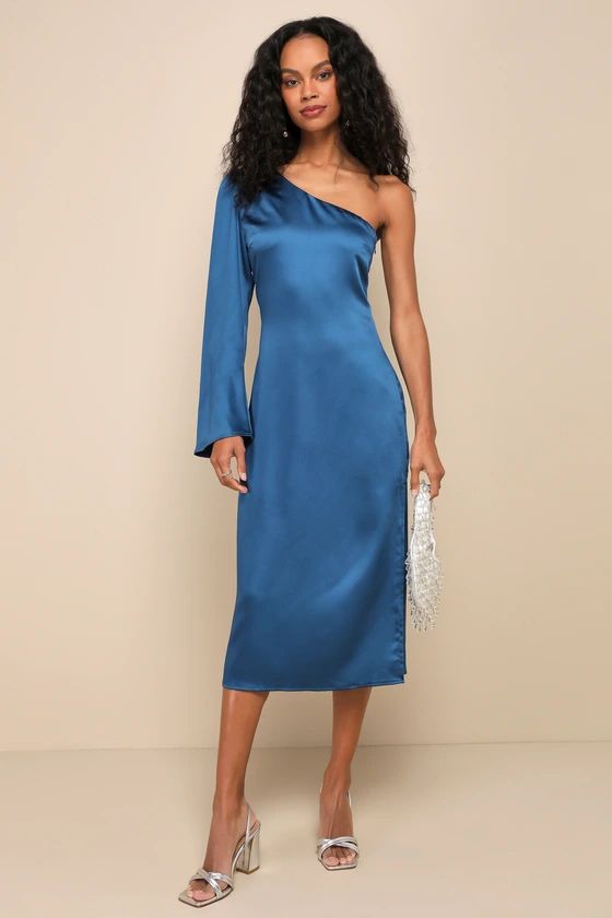 Positively Excellent Teal Blue Satin One-Shoulder Midi Dress | Lulus