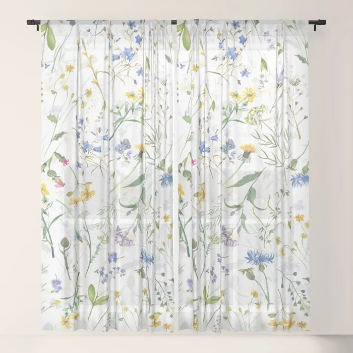 Scandinavian Midsummer Blue And Yellow Wildflowers Meadow  Sheer Curtain | Society6