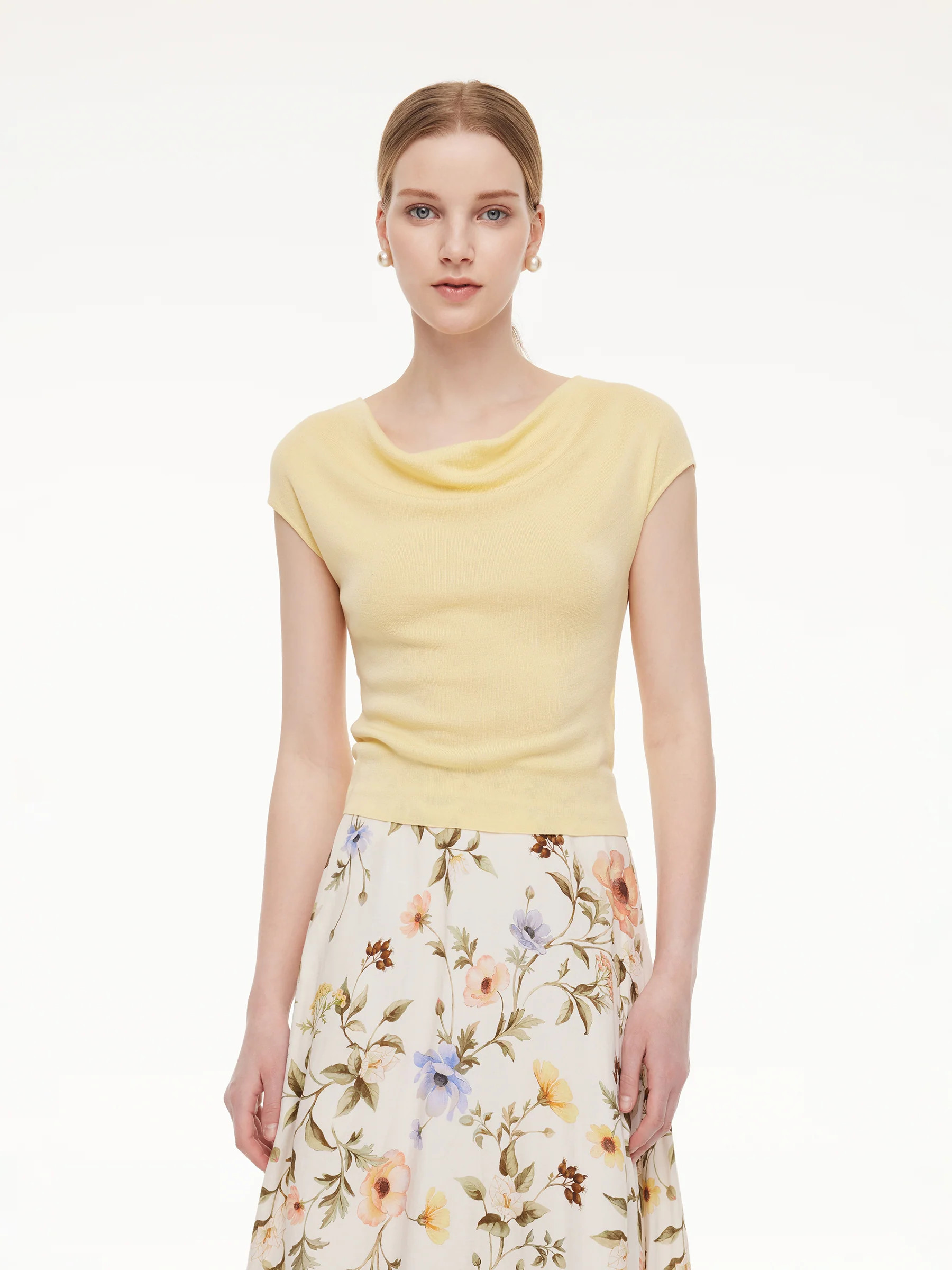 Tencel Mulberry Silk Cowl Neck Women Cap Sleeve Knit Top | GOELIA