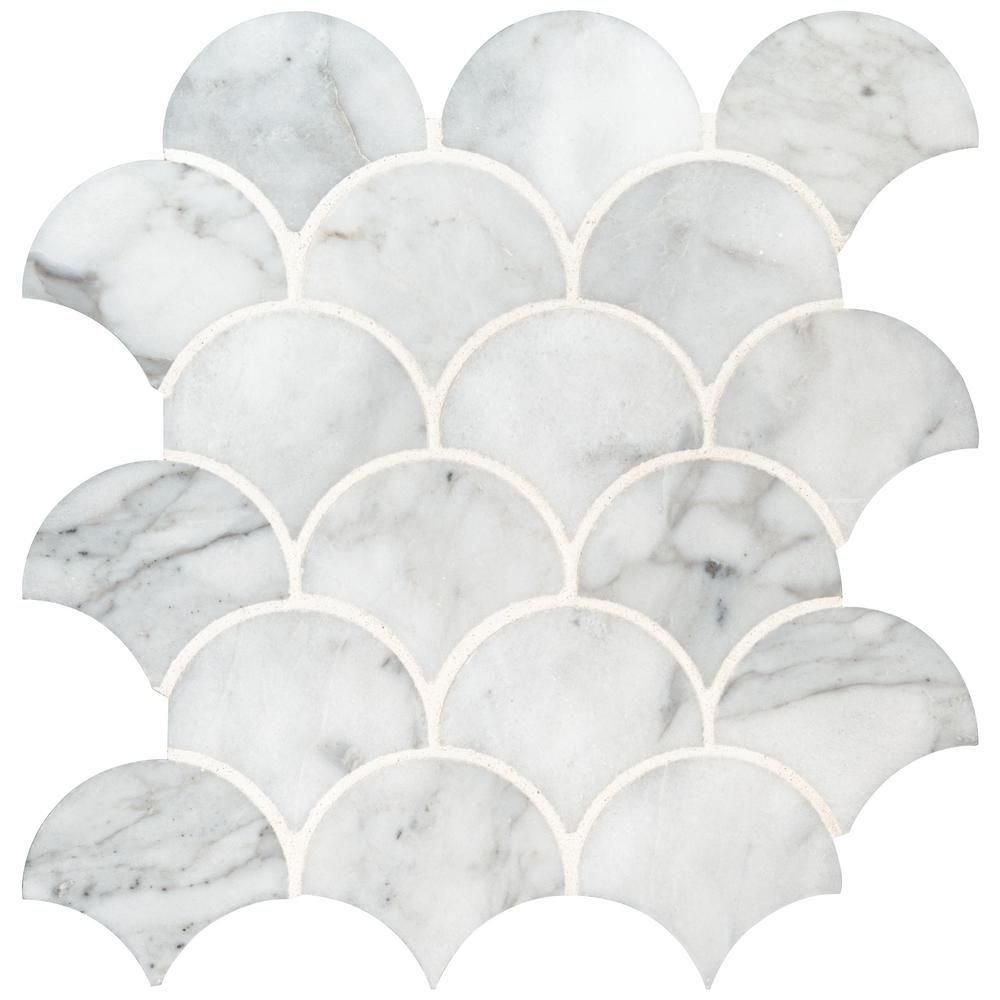 MSI Calacatta Blanco Scallop 12.8 in. x 10.43 in. x 10mm Polished Marble Mesh-Mounted Mosaic Tile... | The Home Depot