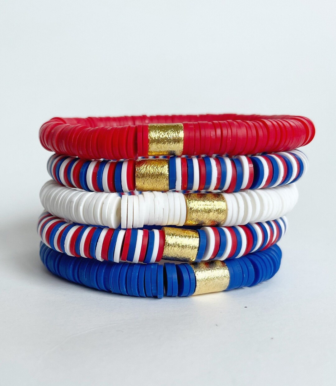 Stars and Stripes Stack - Red White Blue Heishi Disc Bracelet Stack // American Summer Beaded Bra... | Etsy (US)