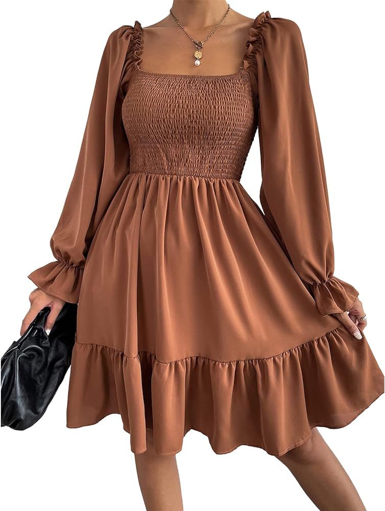 Ekaliy Women's Puff Sleeve Smocked Dress Square Neck A Line Swing Flowy Ruffle Hem Babydoll Mini ... | Amazon (US)