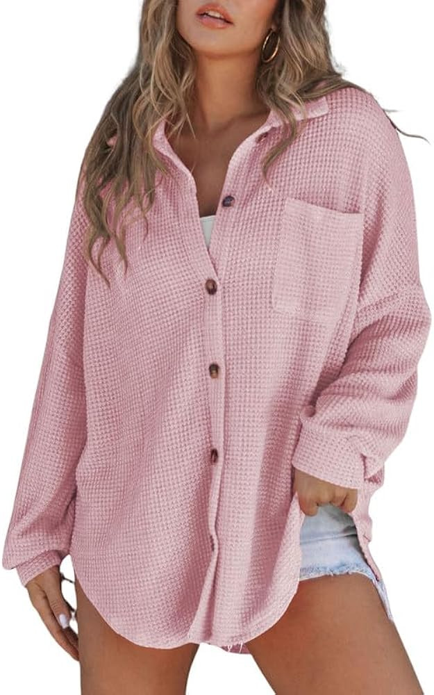 SHEWIN Women's Waffle Knit Button Down Shirts Casual Long Sleeve Shacket Jacket Boyfriend Tops Bl... | Amazon (US)