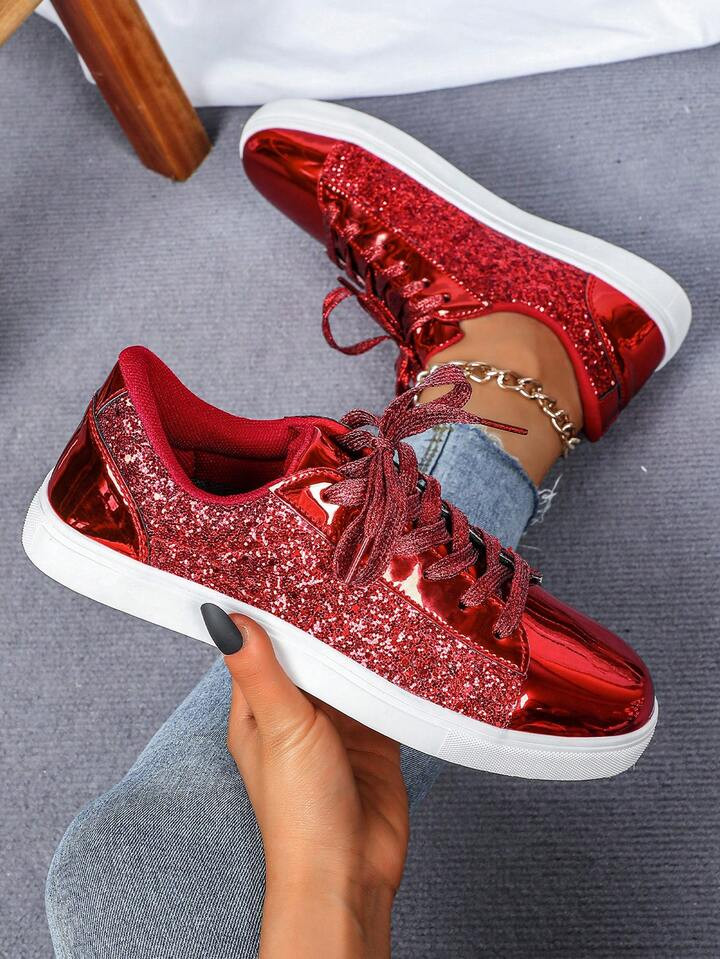 Glossy Red Splice Sequin Fashion Elegant Celebratory Red Shoes, Wear-Resistant Cool, Suitable For Weddings, Parties, Casual Walking | SHEIN