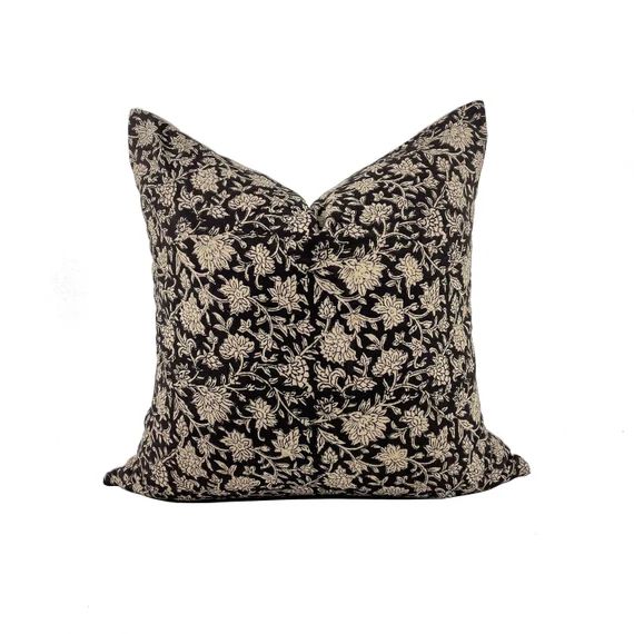 Block Print Floral Pillow Cover, Tan and Black Floral Pillow, XL lumbar Pillow, Modern Farmhouse ... | Etsy (US)